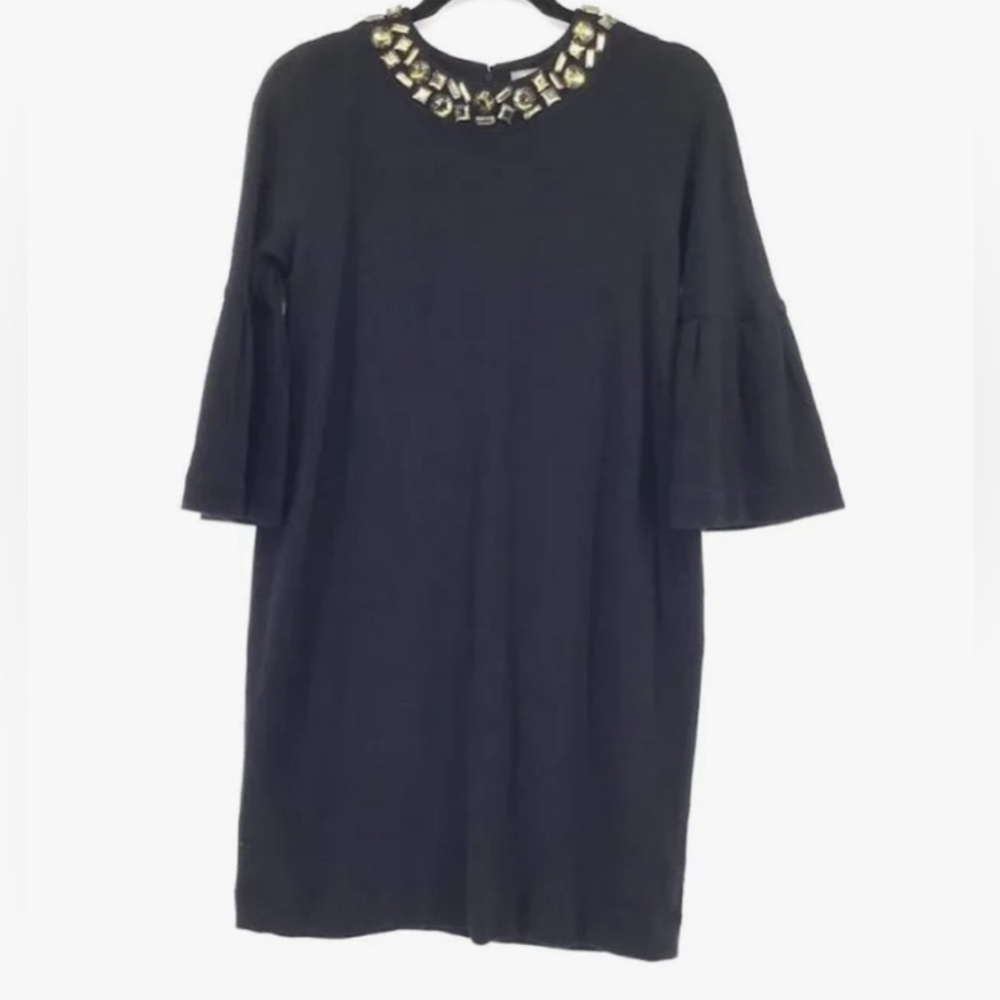 Vince | Elegant‎ Solid Black Jewel Neck Wool 3/4 Sleeve Shift Dress | Size M